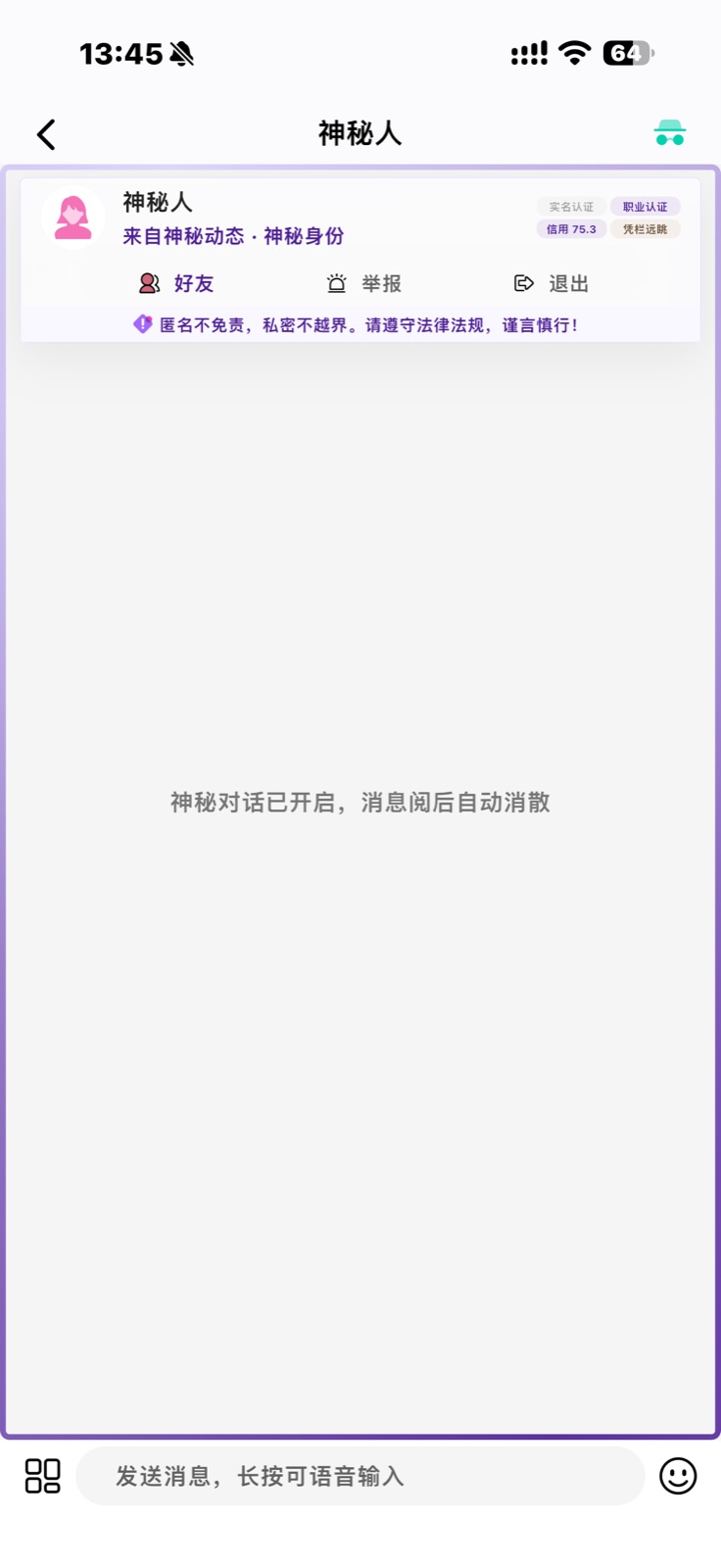 神秘对话完整真机截图:神秘人悬浮窗与阅后消散